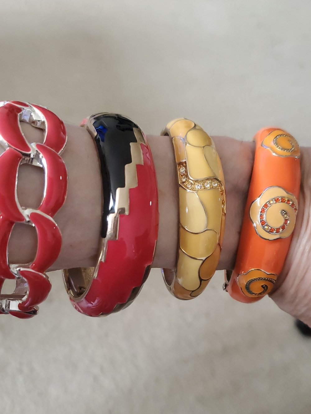VINTAGE Enamel Bangle Bracelets,  Red, Black, Yellow, Orange & Blue
